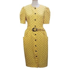 Damon Petites Dress Polka Dot Vintage 80s Belt Pocket Yellow Union Made USA 12